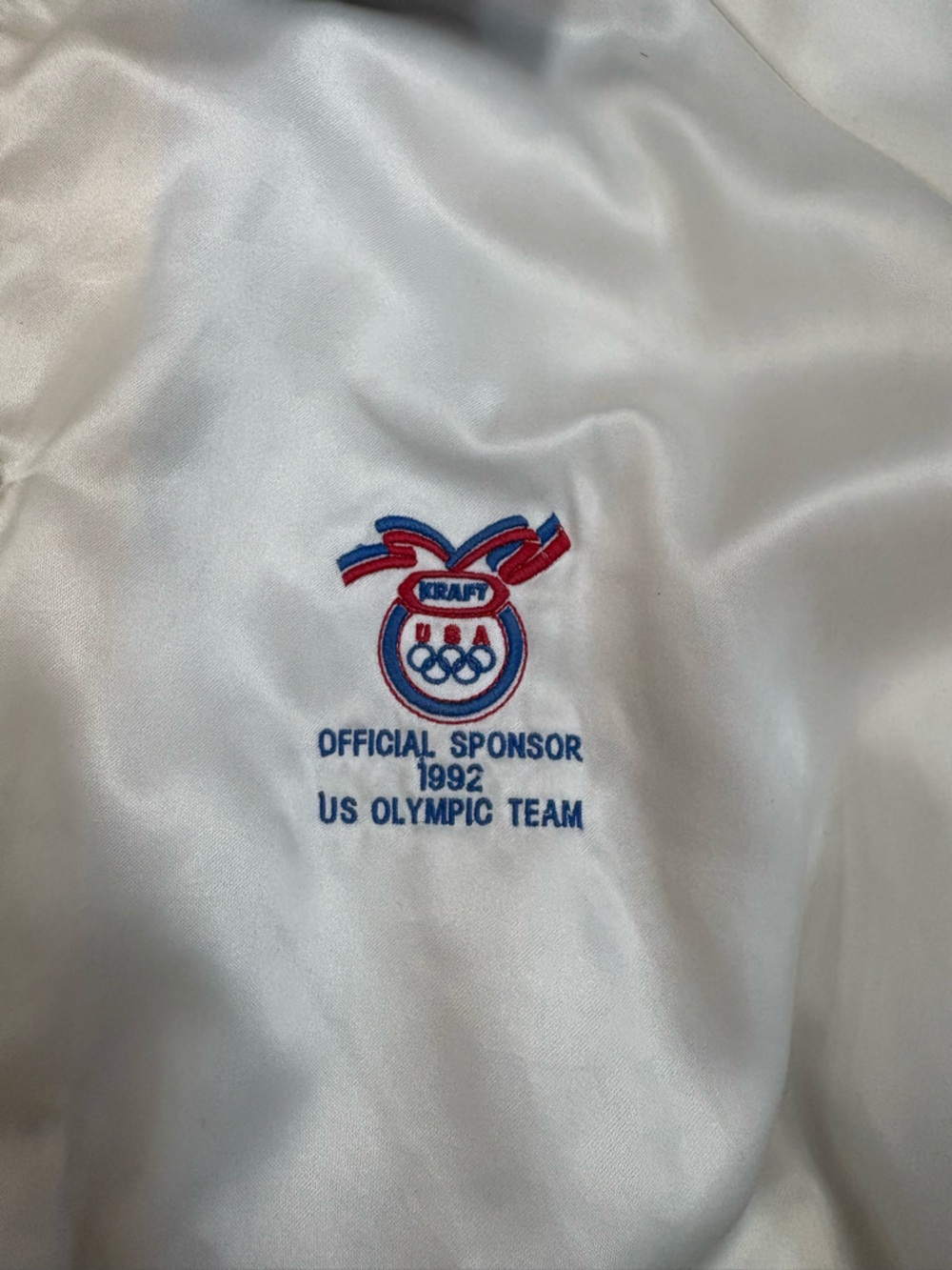 Vintage Cream Olympic Satin Bomber Jacket with Red & Blue Trim - Picture 3 of 8